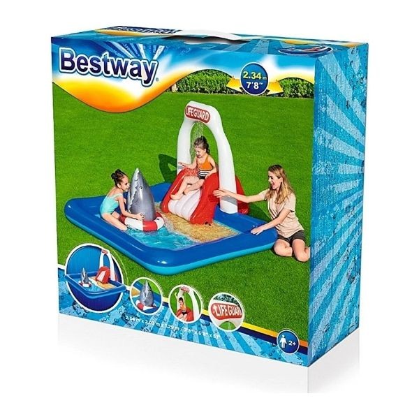 Bestway 53079 Köpek Balığı Temalı Kaydıraklı, Fıskiyeli Havuz, 234 X 203 X 129cm