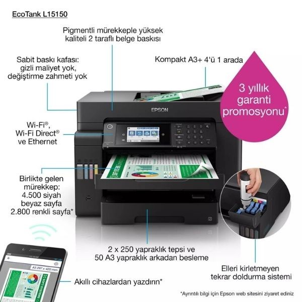 Epson L15150 A3 EcoTank Çok Fonksiyonlu Wi-Fi Yazıcı + Tarayıcı + Faks