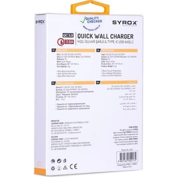 Syrox Hızlı Sarj Cihazı Seti Type-c Hızlı Ev Şarj Aleti 3.0a