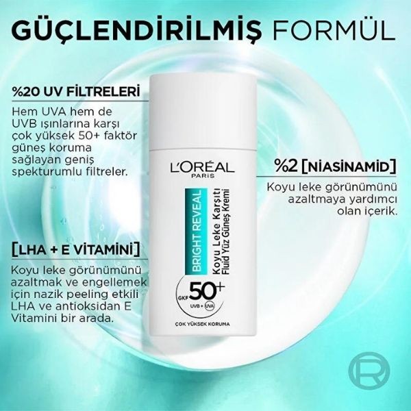 L’Oreal Paris Bright Reveal Koyu Leke Karşıtı Fluid Yüz Güneş Kremi Spf50+ 50 Ml