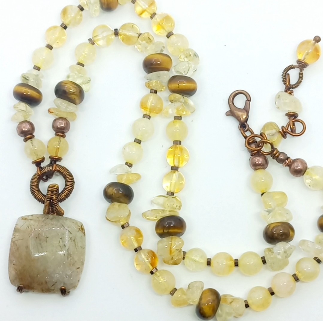 Sibelce 2076 Rutilli kare Kuvars Sitrin Kaplangözü El Yapımı Kolye