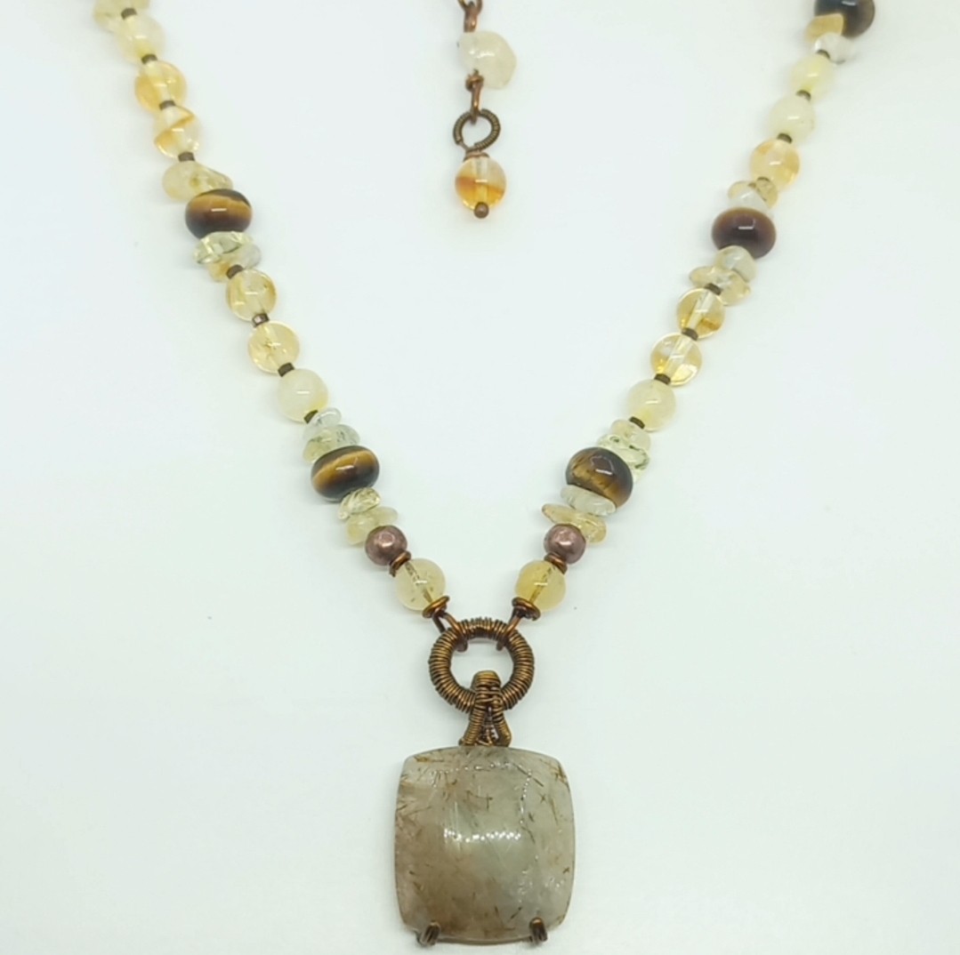 Sibelce 2076 Rutilli kare Kuvars Sitrin Kaplangözü El Yapımı Kolye