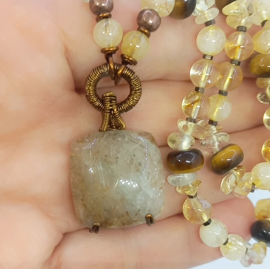 Sibelce 2076 Rutilli kare Kuvars Sitrin Kaplangözü El Yapımı Kolye