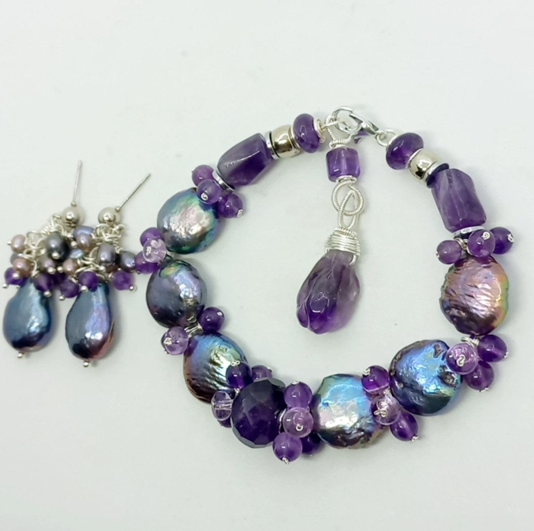 Sibelce 1913 Ametist doğal kültür Keshi İnci El Yapımı Bileklik