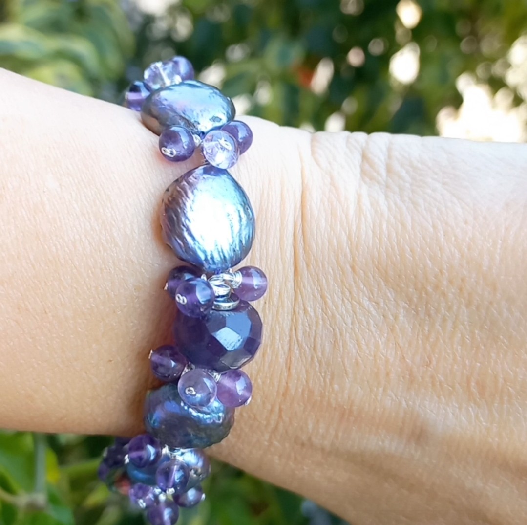 Sibelce 1913 Ametist doğal kültür Keshi İnci El Yapımı Bileklik