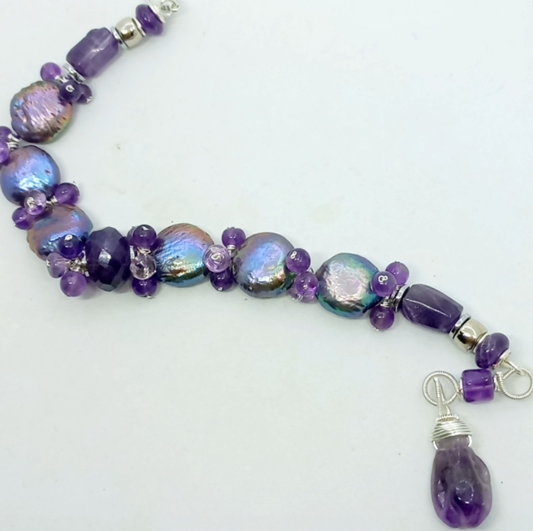 Sibelce 1913 Ametist doğal kültür Keshi İnci El Yapımı Bileklik