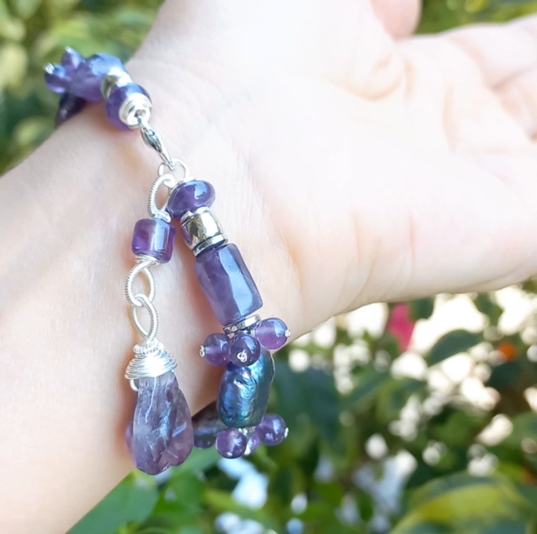 Sibelce 1913 Ametist doğal kültür Keshi İnci El Yapımı Bileklik