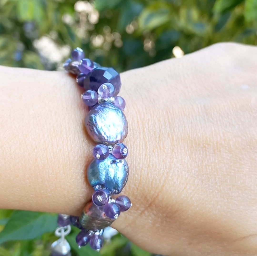 Sibelce 1913 Ametist doğal kültür Keshi İnci El Yapımı Bileklik