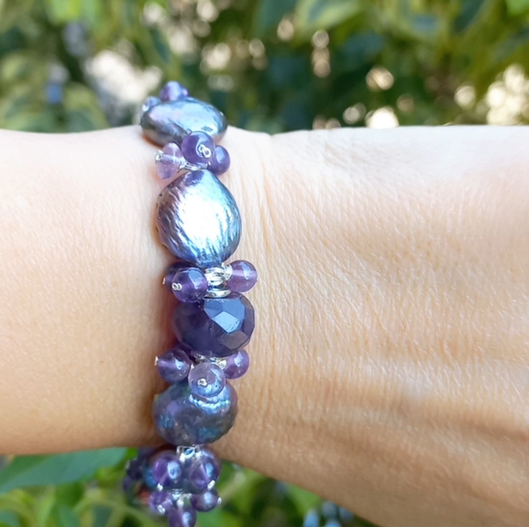Sibelce 1913 Ametist doğal kültür Keshi İnci El Yapımı Bileklik
