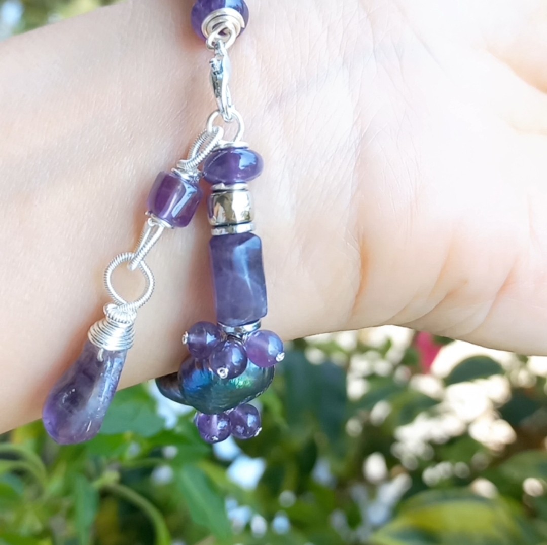 Sibelce 1913 Ametist doğal kültür Keshi İnci El Yapımı Bileklik