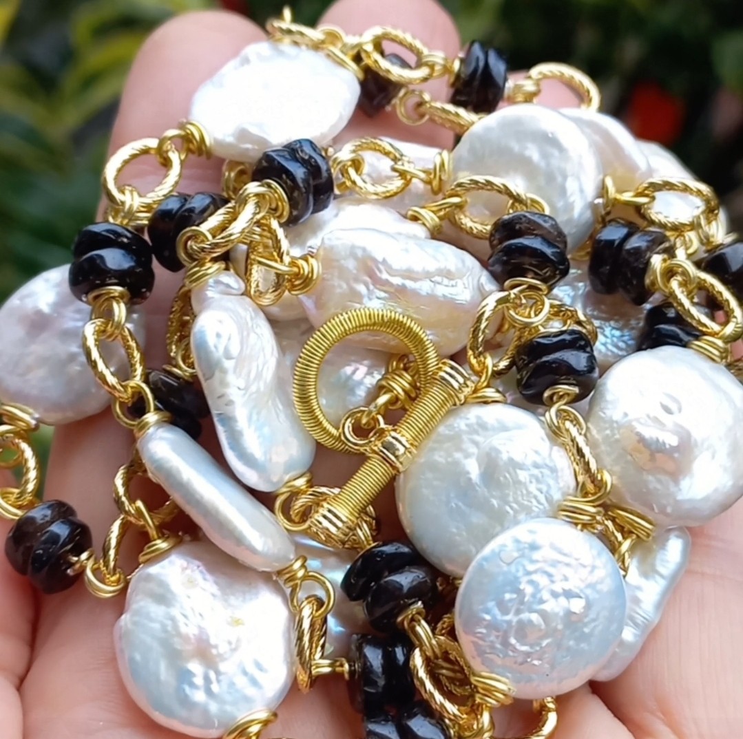 Sibelce 2079 Doğal barok sakız İnci dumanlı Kuvars El Yapımı Uzun Kolye