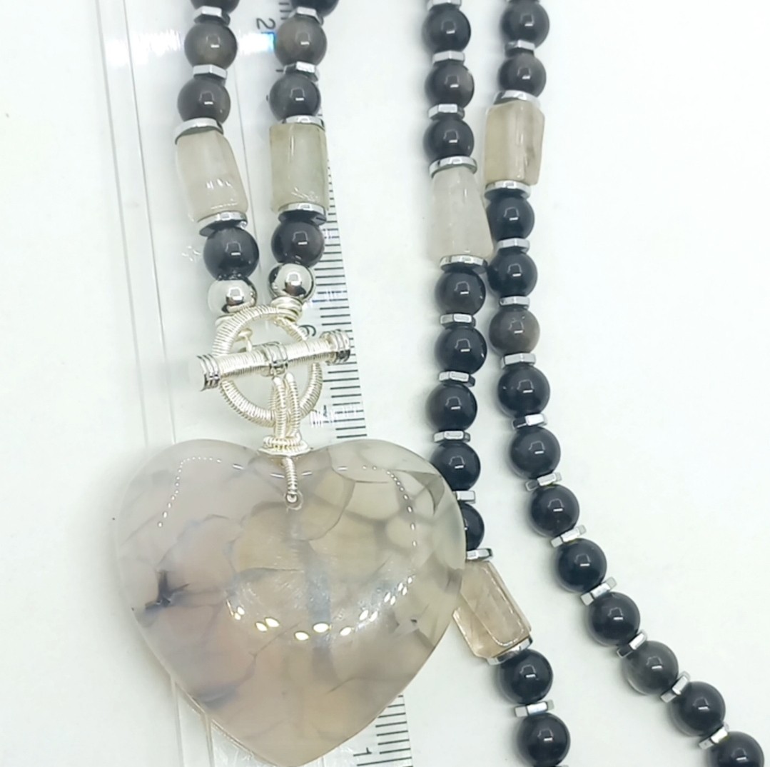 Sibelce 1899 Kalp Akik gümüş Obsidyen El Yapımı Kolye