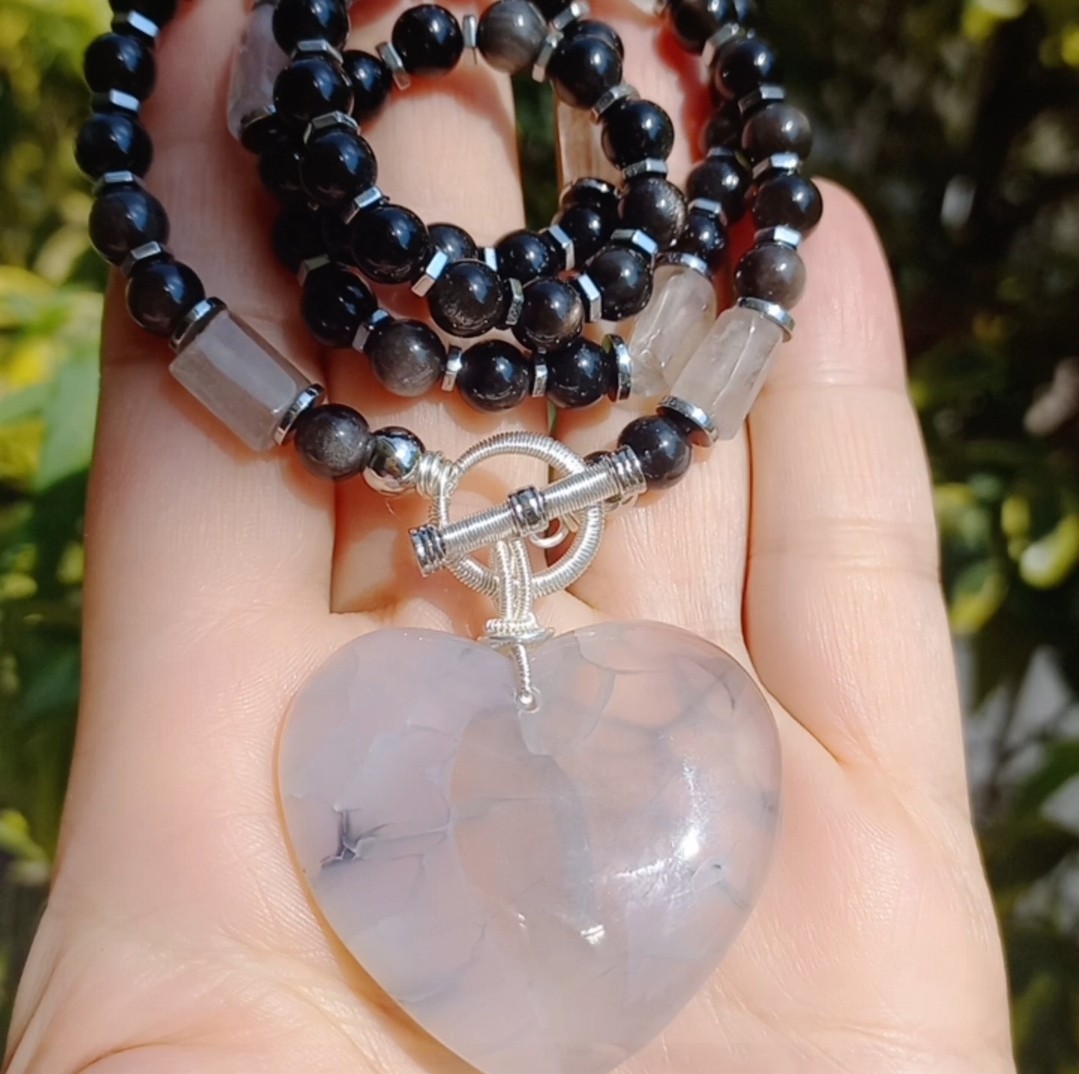 Sibelce 1899 Kalp Akik gümüş Obsidyen El Yapımı Kolye