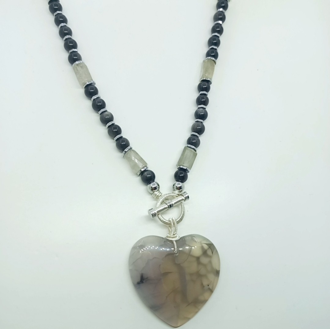 Sibelce 1899 Kalp Akik gümüş Obsidyen El Yapımı Kolye