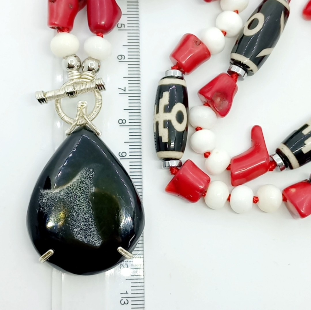 Sibelce 2090 Druzeli Akik Tibet Akik Beyaz ve Kırmızı Mercan El Yapımı Kolye