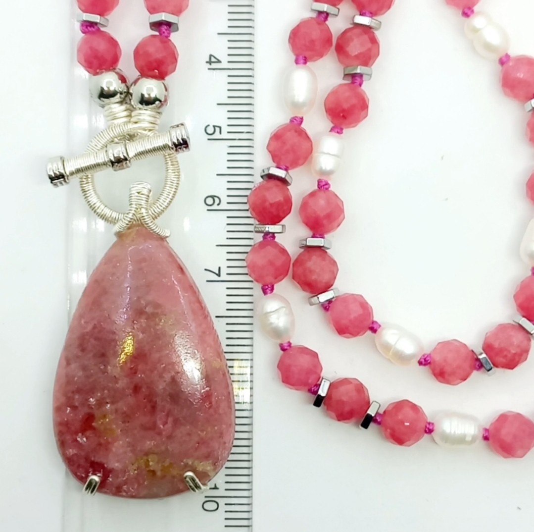 Sibelce 2100 Rodonit Gül Kuvars Doğal İnci El Yapımı Kolye