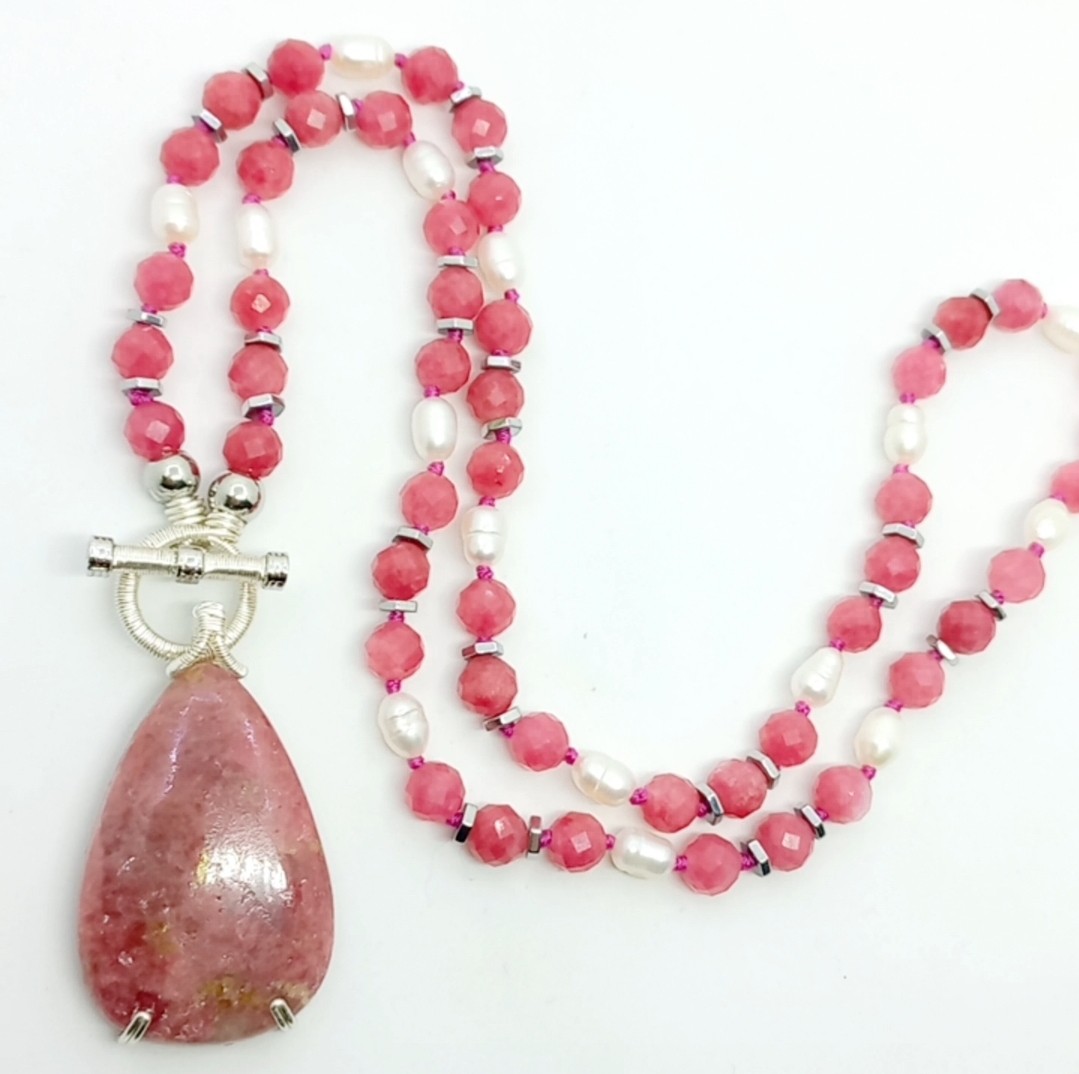 Sibelce 2100 Rodonit Gül Kuvars Doğal İnci El Yapımı Kolye