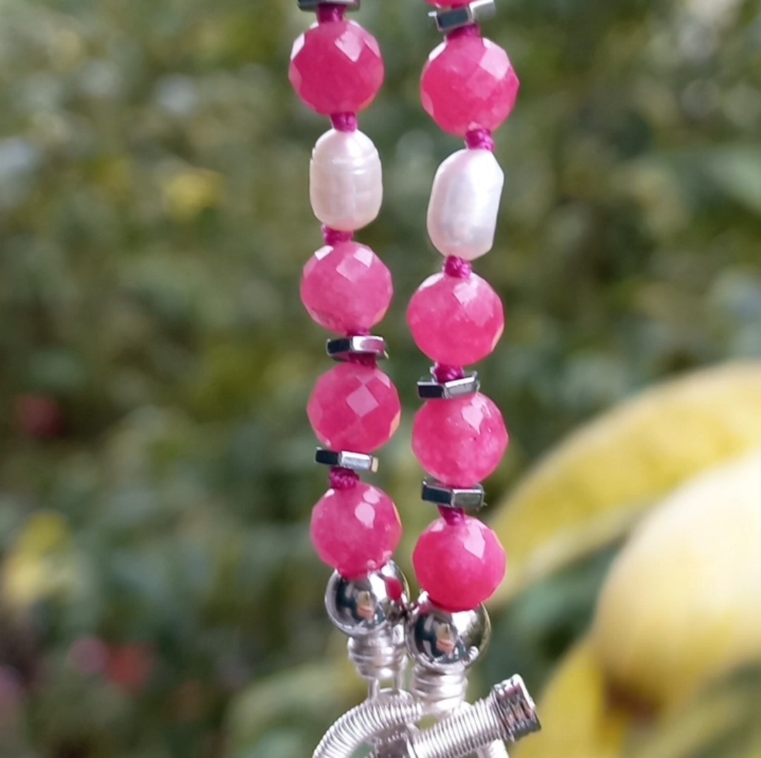 Sibelce 2100 Rodonit Gül Kuvars Doğal İnci El Yapımı Kolye