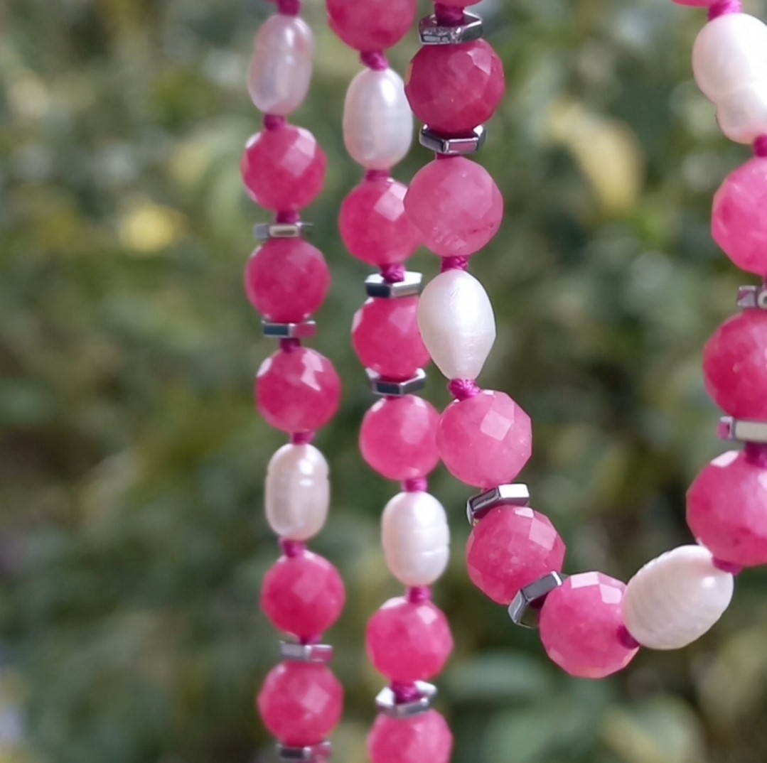 Sibelce 2100 Rodonit Gül Kuvars Doğal İnci El Yapımı Kolye