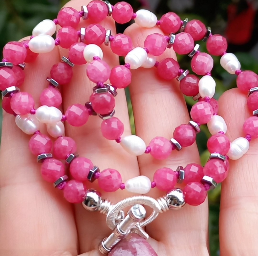 Sibelce 2100 Rodonit Gül Kuvars Doğal İnci El Yapımı Kolye