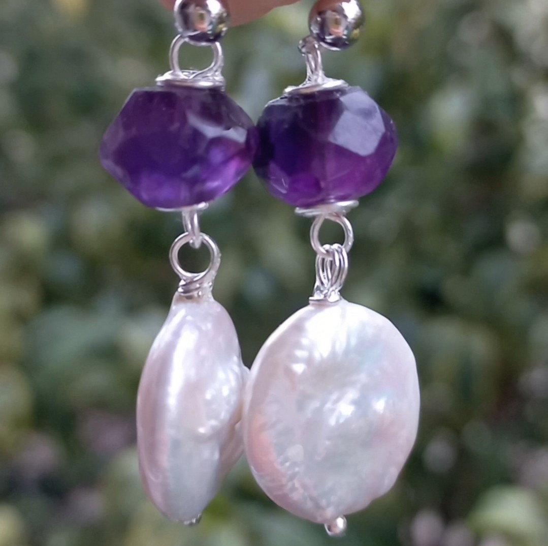 Sibelce 2119 Doğal Disk İnci Hindistan El Kesimi Rondela Ametist El Yapımı Küpe