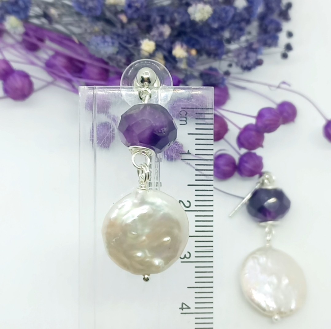 Sibelce 2119 Doğal Disk İnci Hindistan El Kesimi Rondela Ametist El Yapımı Küpe