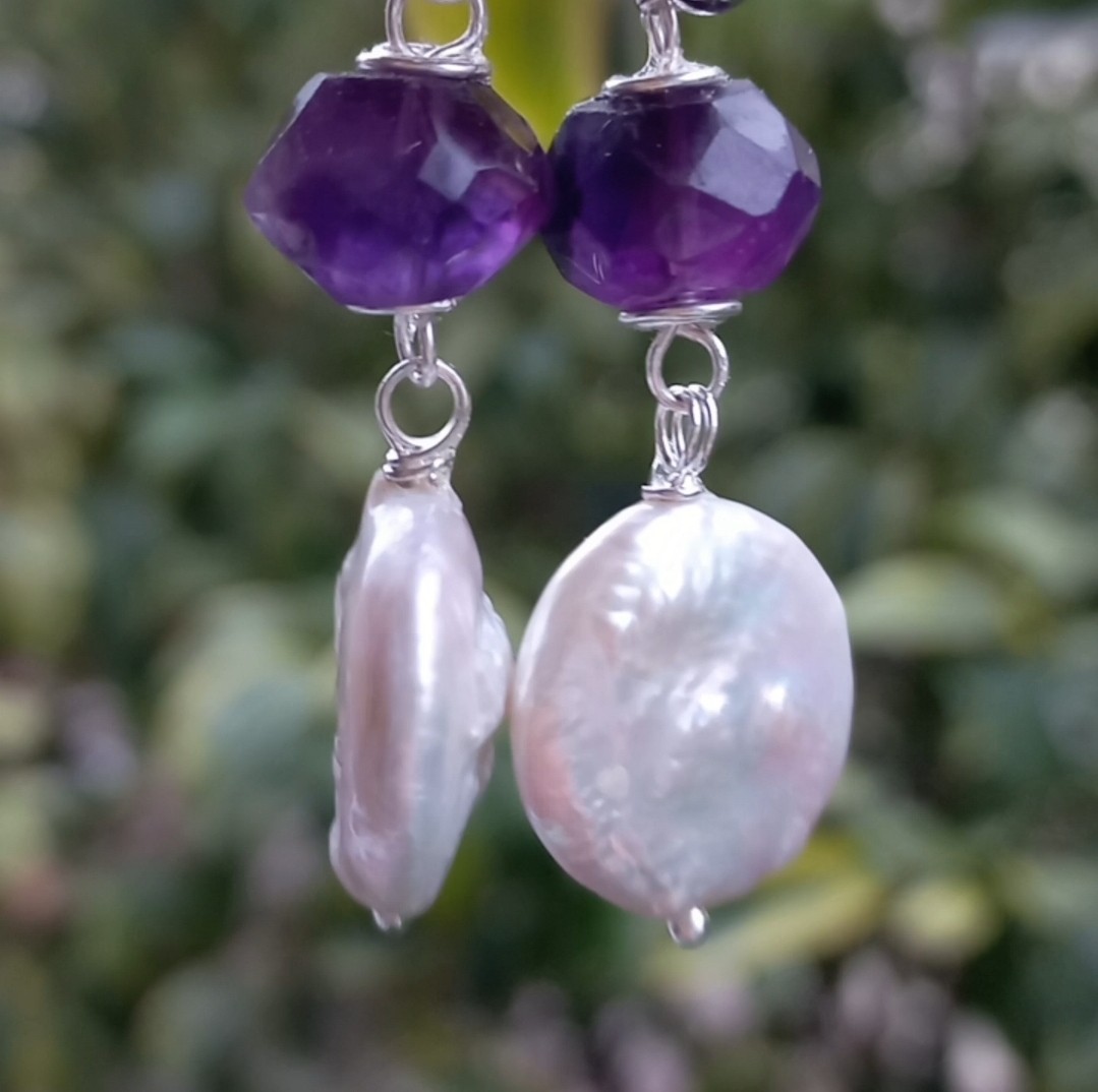 Sibelce 2119 Doğal Disk İnci Hindistan El Kesimi Rondela Ametist El Yapımı Küpe