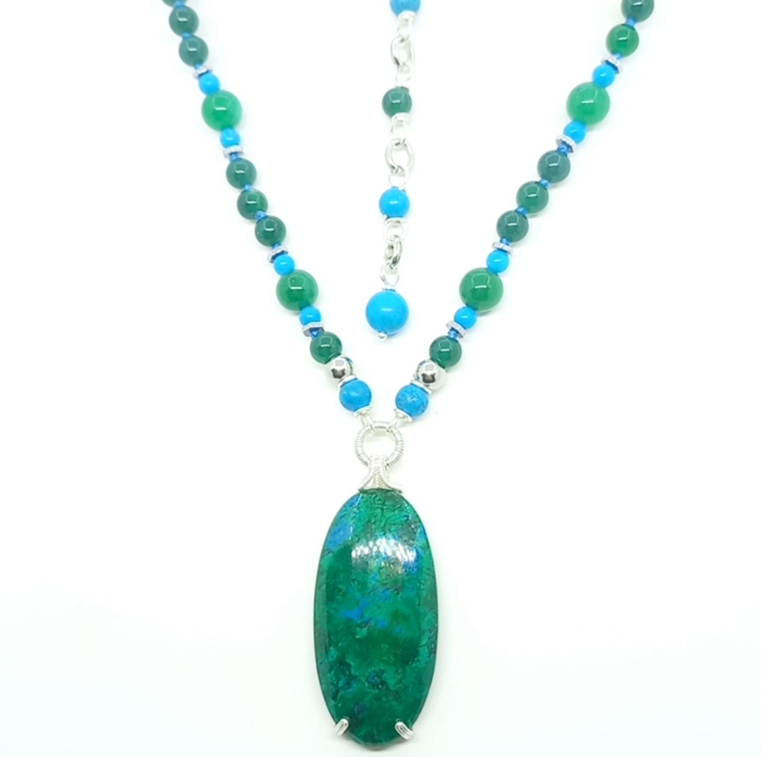 Sibelce 2129 Krizokol Akik Aventurin Turkuaz El Yapımı Kolye