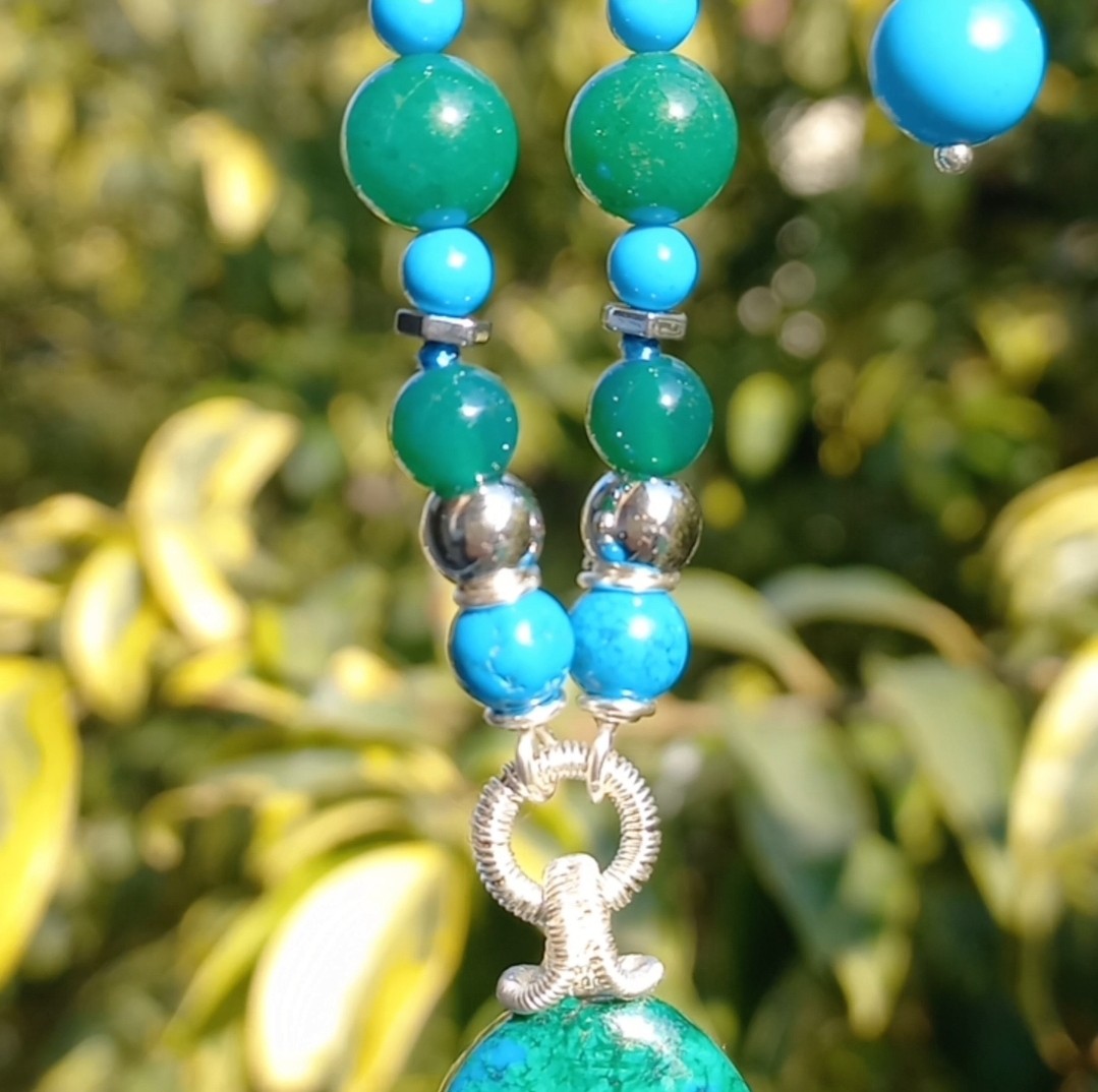 Sibelce 2129 Krizokol Akik Aventurin Turkuaz El Yapımı Kolye