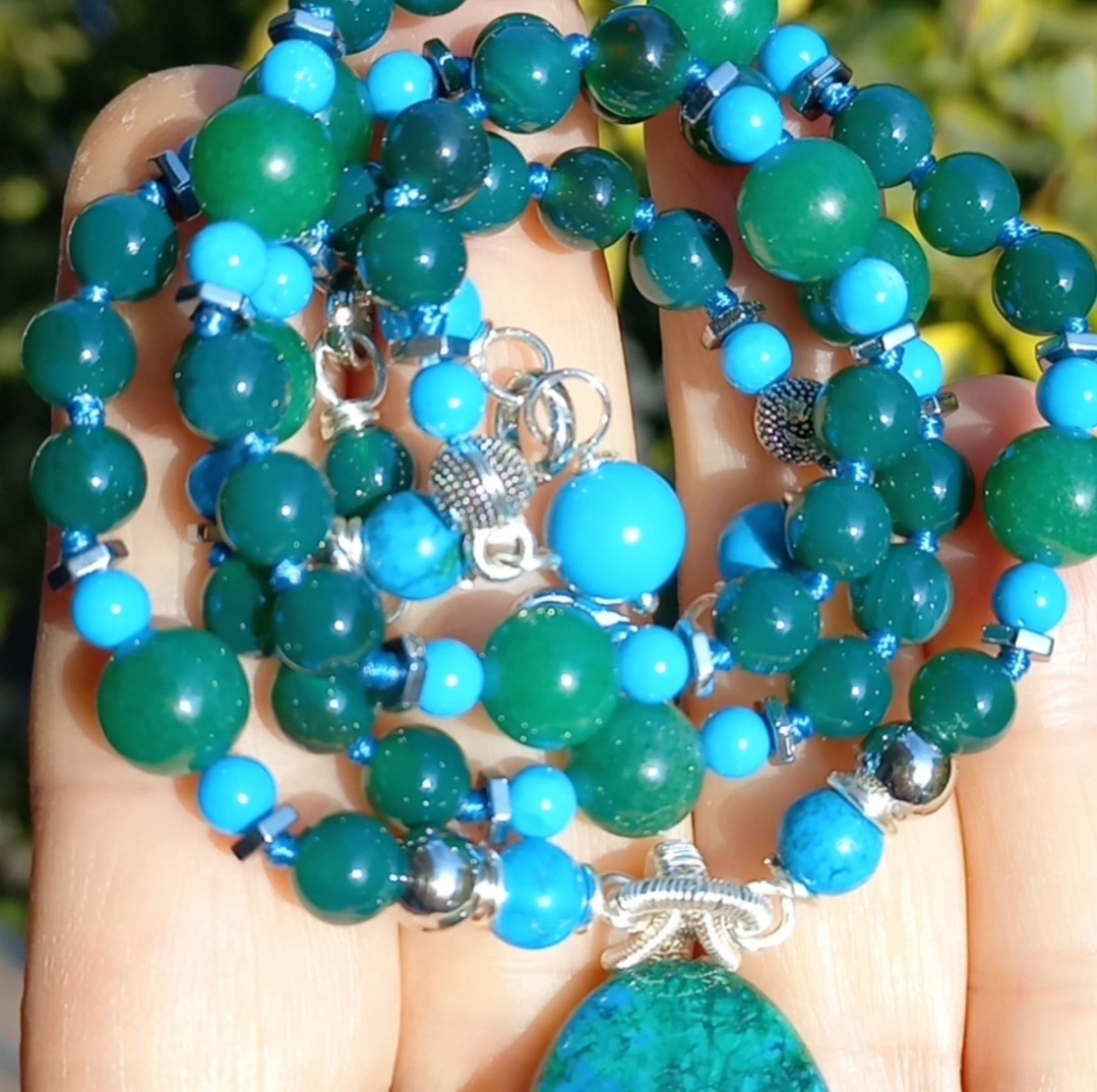 Sibelce 2129 Krizokol Akik Aventurin Turkuaz El Yapımı Kolye