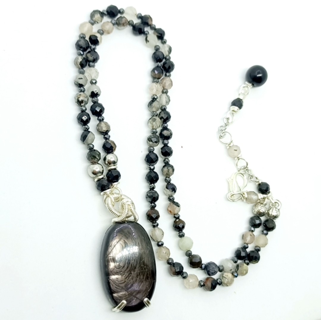 Sibelce 2134 Hypersthene Turmalinli Kuvars El Yapımı Kolye