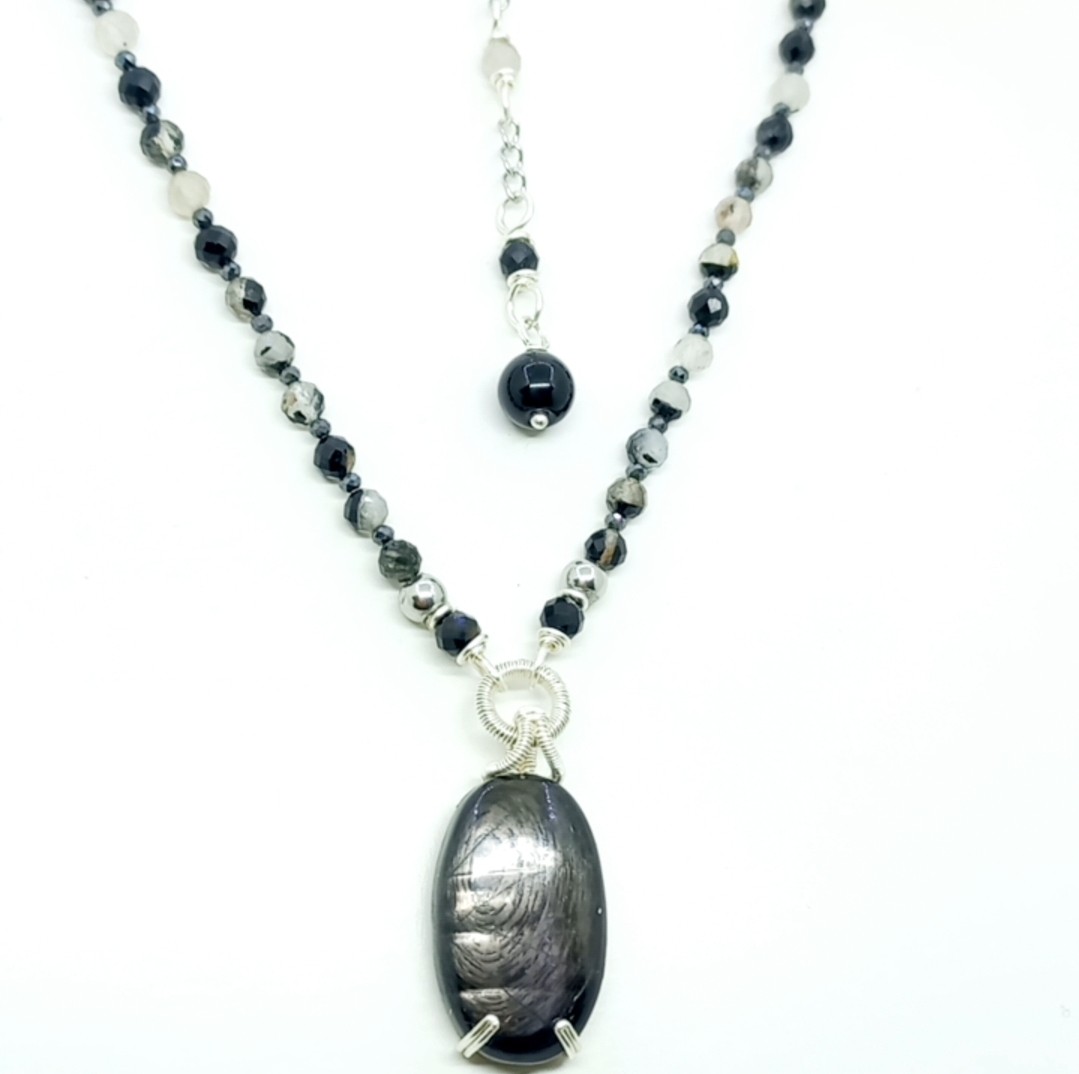 Sibelce 2134 Hypersthene Turmalinli Kuvars El Yapımı Kolye