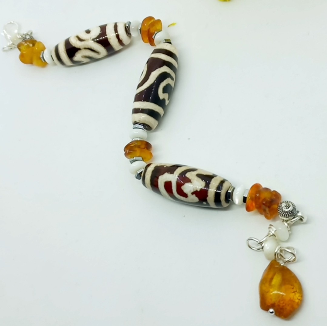 Sibelce 2137 Tibet Akik Kehribar Sedef El Yapımı Bileklik