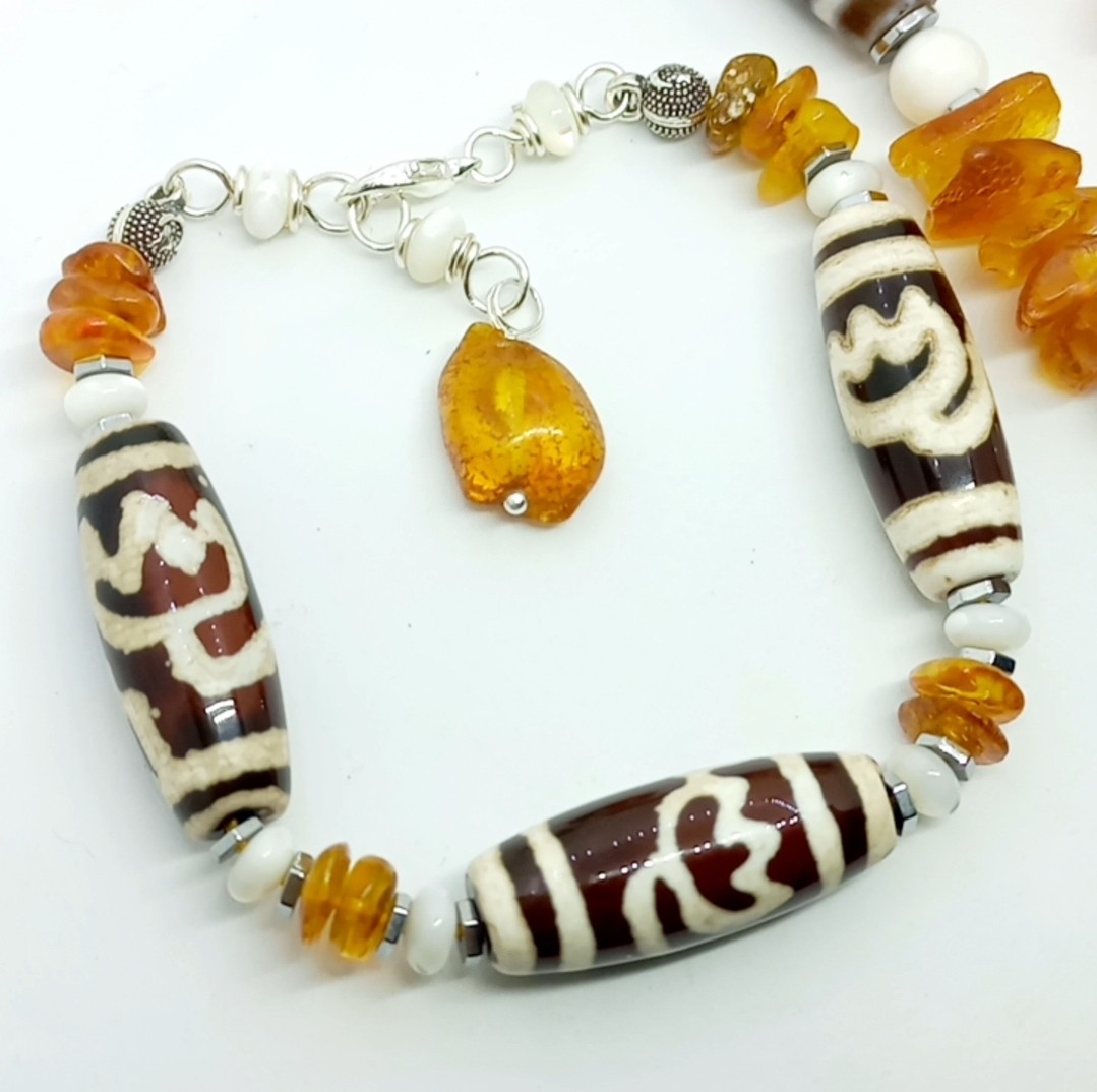 Sibelce 2137 Tibet Akik Kehribar Sedef El Yapımı Bileklik