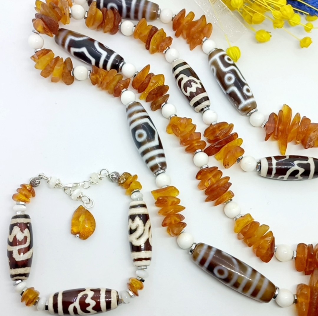 Sibelce 2137 Tibet Akik Kehribar Sedef El Yapımı Bileklik