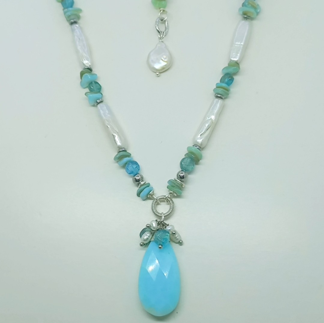 2151 Mavi Opal doğal çubuk İnci el yapımı kolye