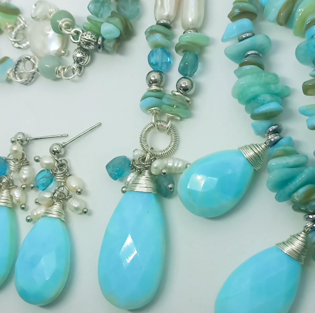 2151 Mavi Opal doğal çubuk İnci el yapımı kolye