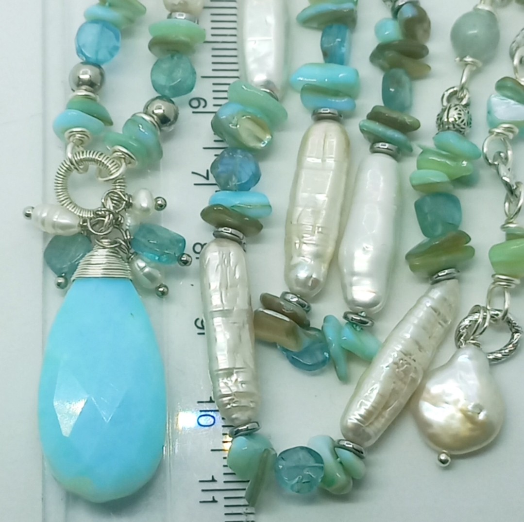 2151 Mavi Opal doğal çubuk İnci el yapımı kolye