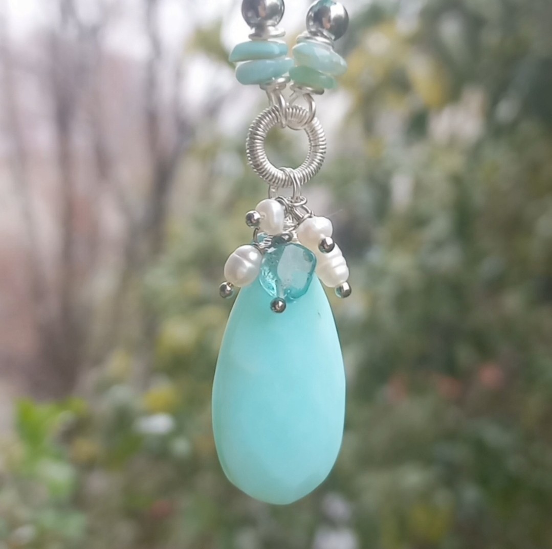 2151 Mavi Opal doğal çubuk İnci el yapımı kolye