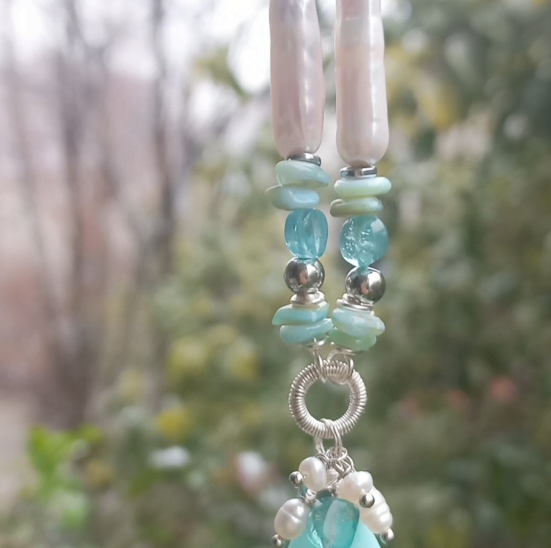 2151 Mavi Opal doğal çubuk İnci el yapımı kolye