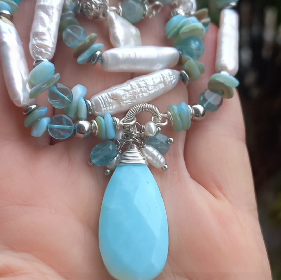 2151 Mavi Opal doğal çubuk İnci el yapımı kolye