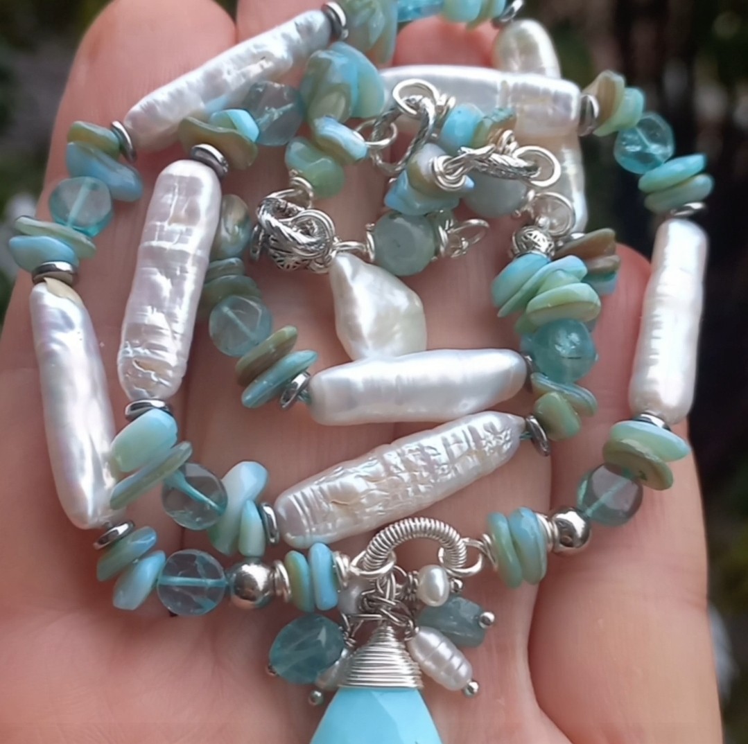 2151 Mavi Opal doğal çubuk İnci el yapımı kolye