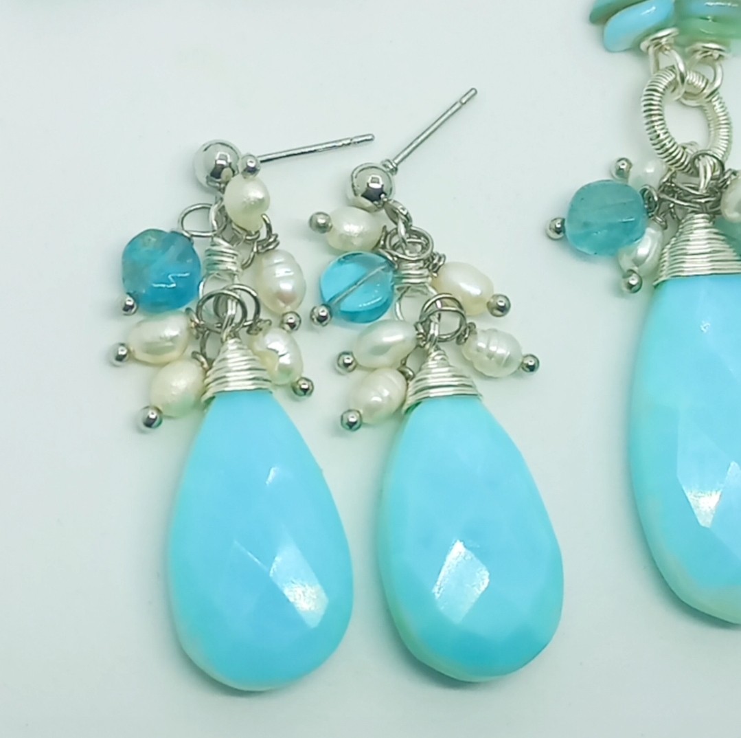 2152 Faset kesim mavi Opal doğal İnci Apatit el yapımı küpe