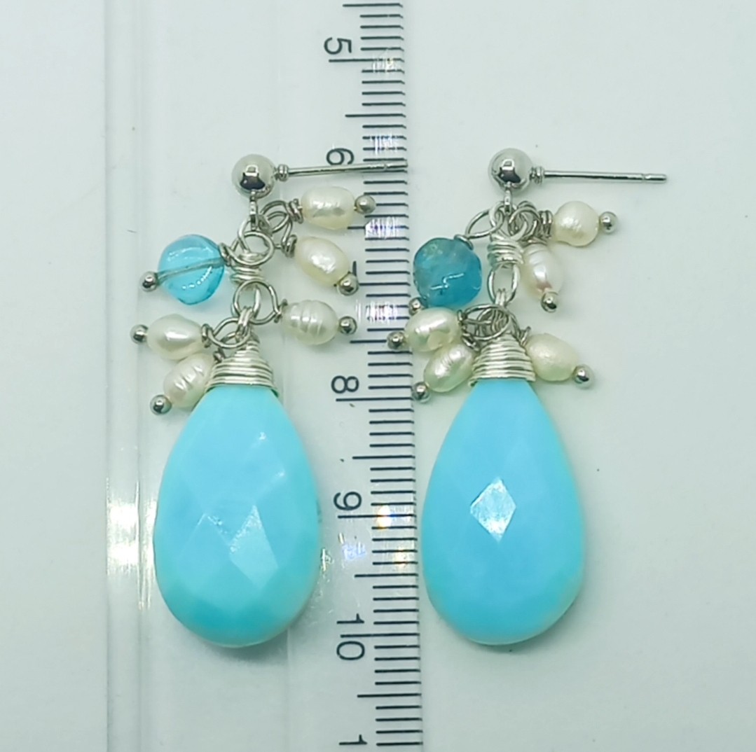 2152 Faset kesim mavi Opal doğal İnci Apatit el yapımı küpe