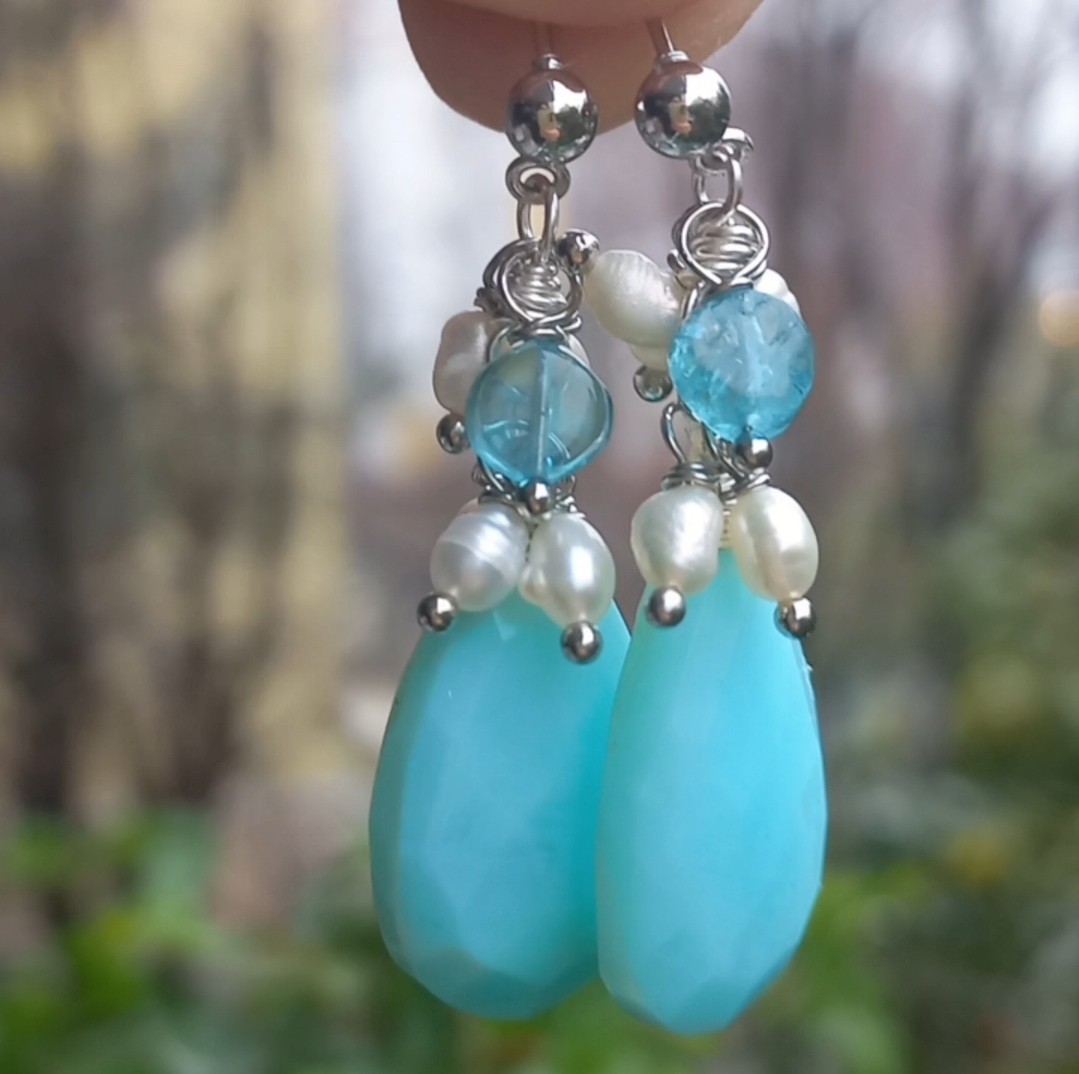 2152 Faset kesim mavi Opal doğal İnci Apatit el yapımı küpe