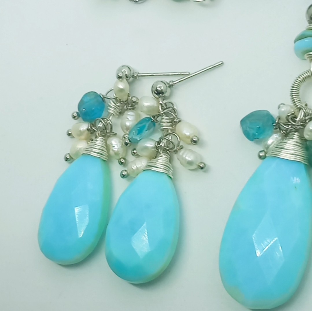 2152 Faset kesim mavi Opal doğal İnci Apatit el yapımı küpe