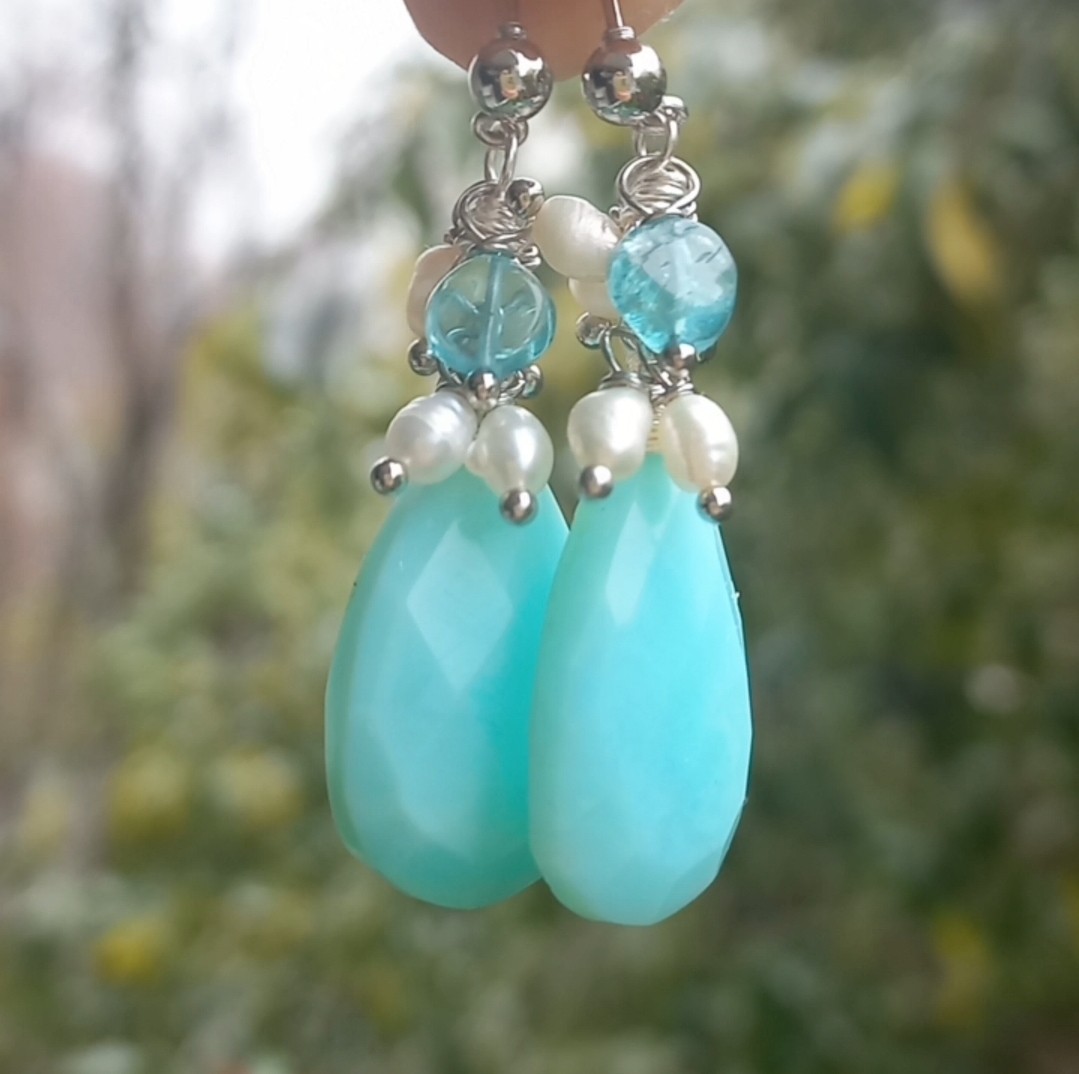 2152 Faset kesim mavi Opal doğal İnci Apatit el yapımı küpe