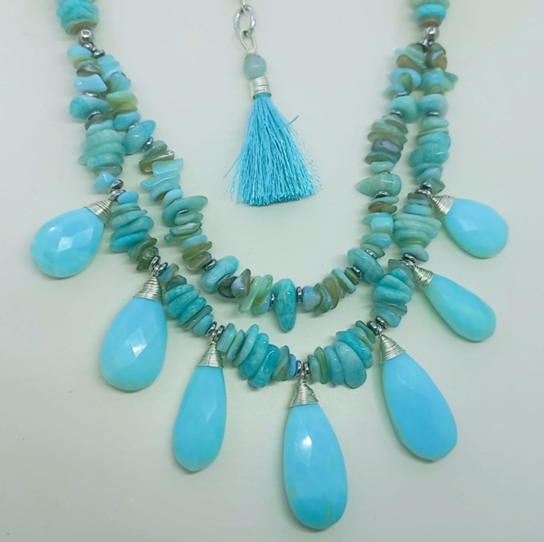 2153 İki sıralı Opal Amazonit Sedef el yapımı kolye