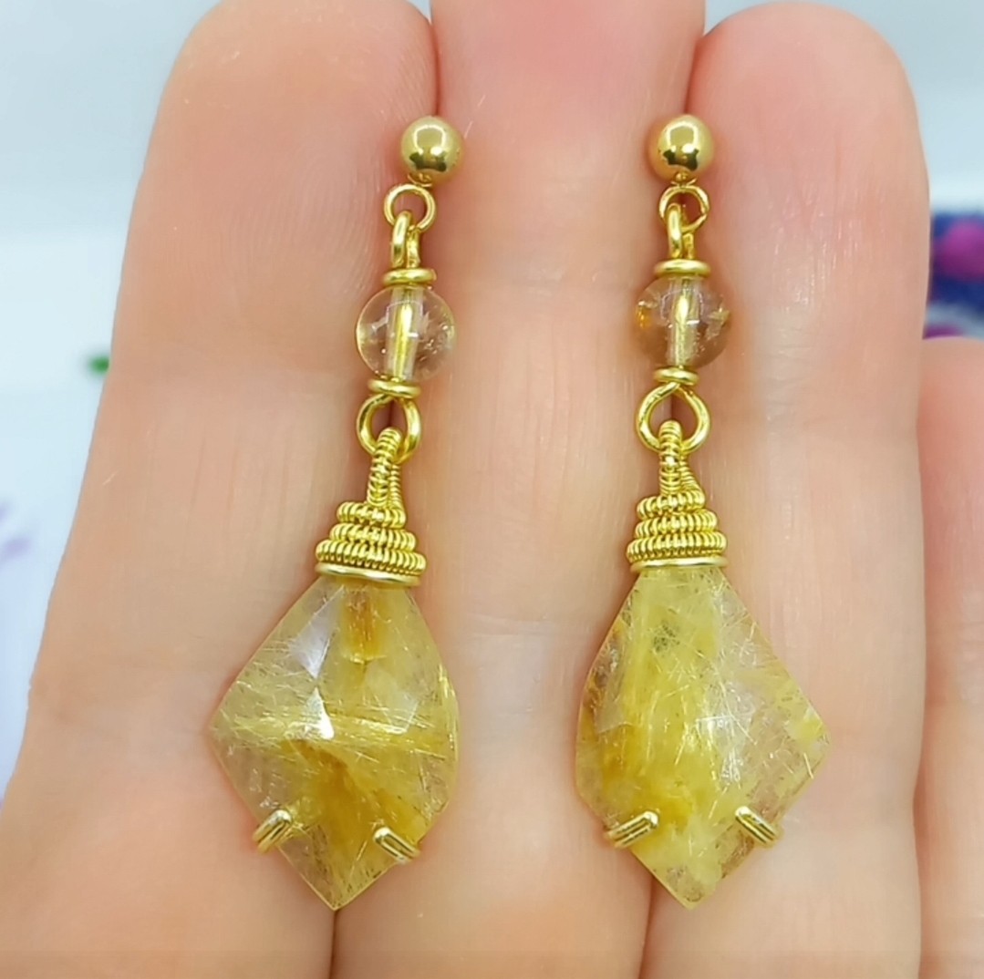 2156 Altın rutilli Kuvars Sitrin el yapımı küpe