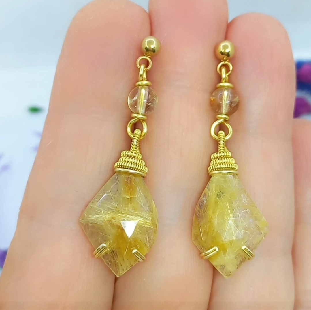 2156 Altın rutilli Kuvars Sitrin el yapımı küpe